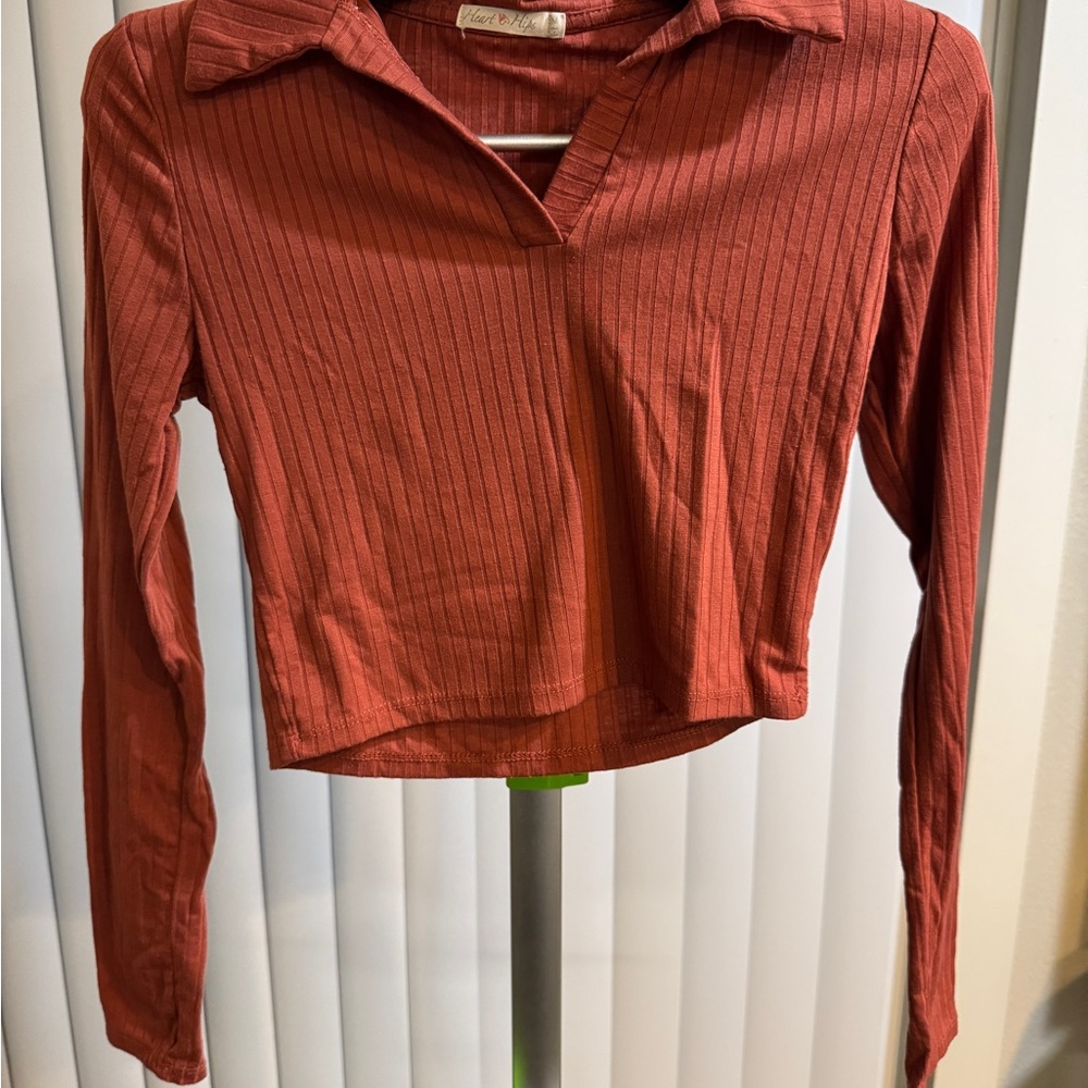 Heart Hips Orange Ribbed Crop Polo Blouse